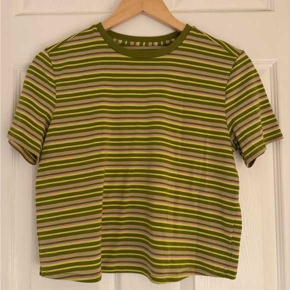Outdoor Voices Green and Pink Striped Crew Neck Athletic T-shirt - Picture 1 of 4